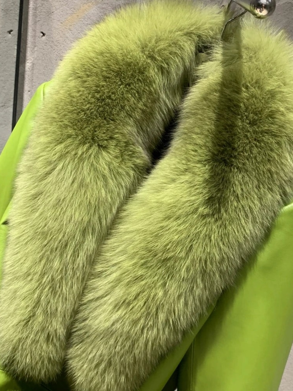 Lucious Lime Green Plush Faux Fur Collar Trench Coat!.
